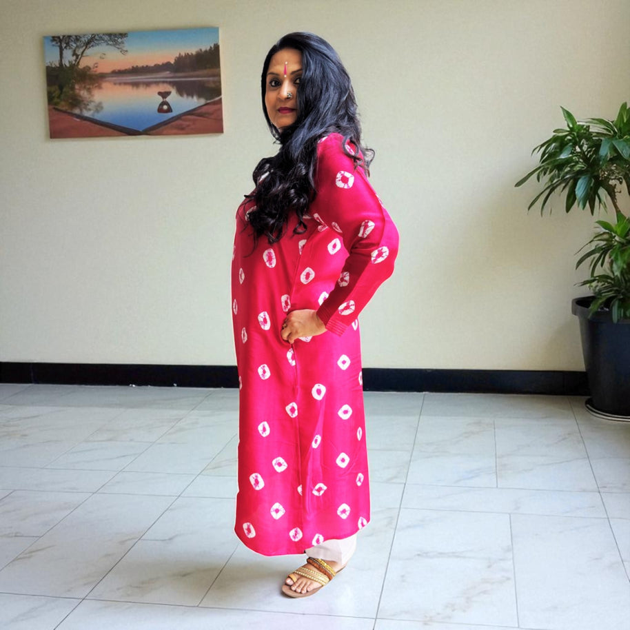 Magenta Pink Bandhej Womens Silk  Kurta