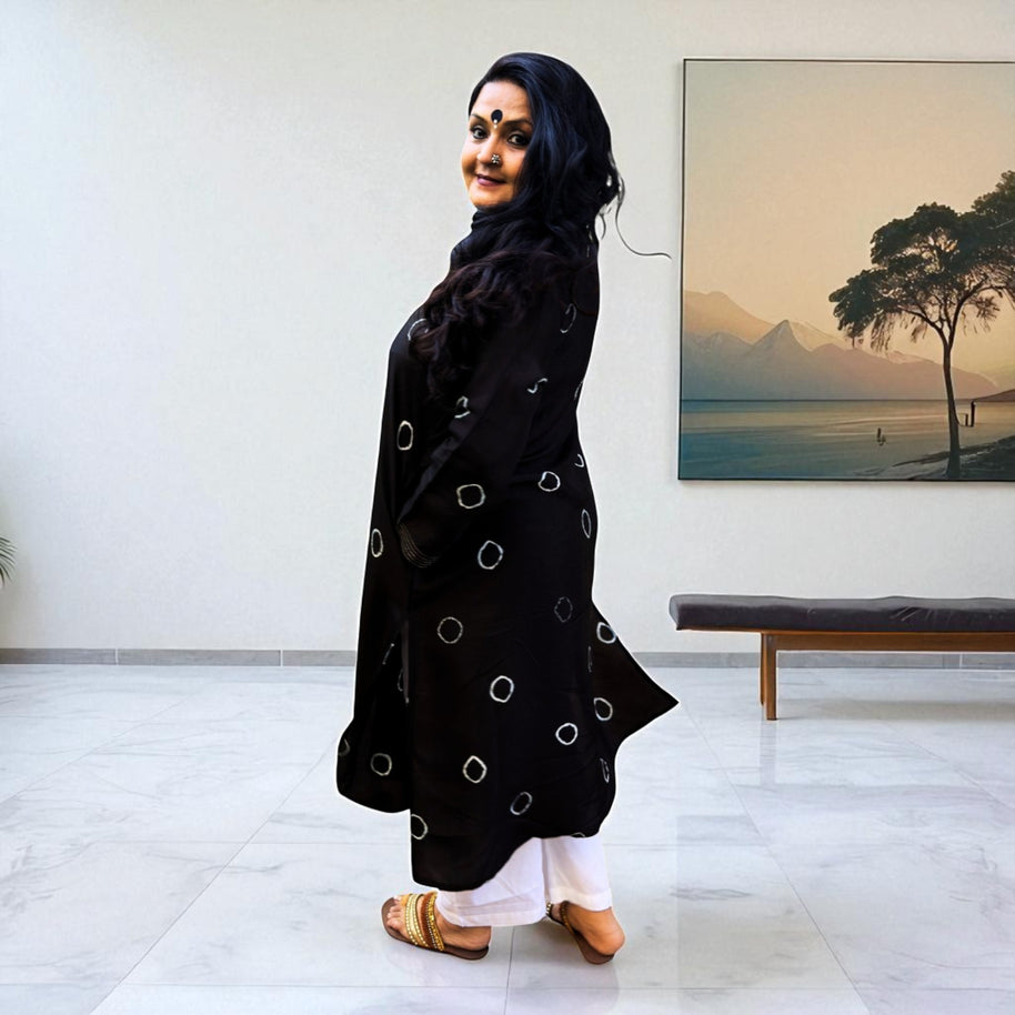 Black Bandhej Silk Kurta