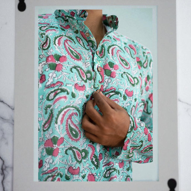 GreenPink Bloom Handblock Cotton Kurta