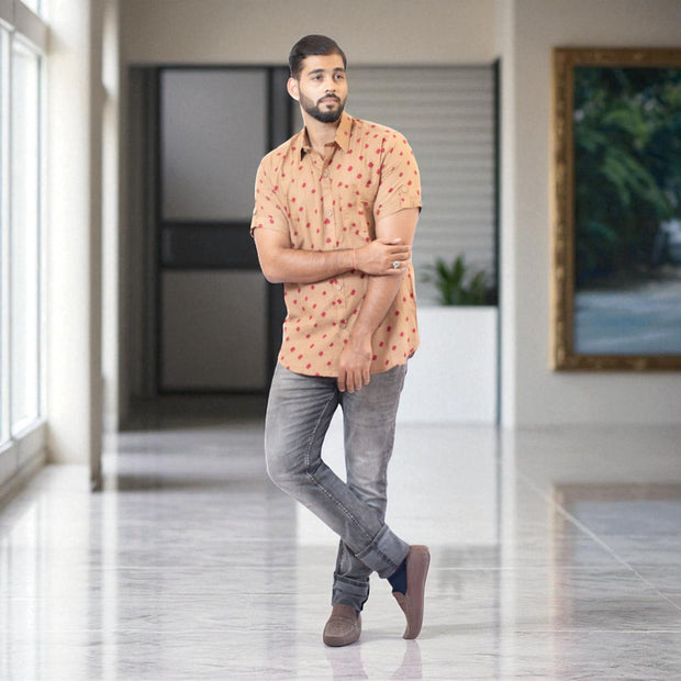 Brown Hand Bandhej-Bandhini Cotton Mens Shirt