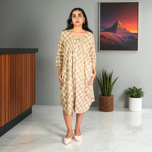 GreyGrid Handblock Cotton Flared Dress