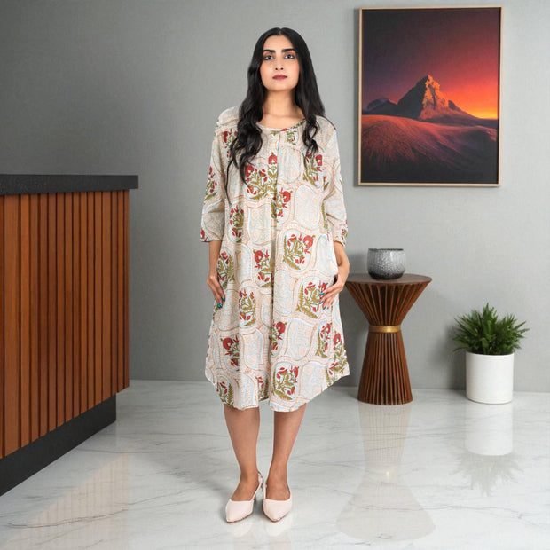 MughalMuse Handblock Cotton Flared Dress