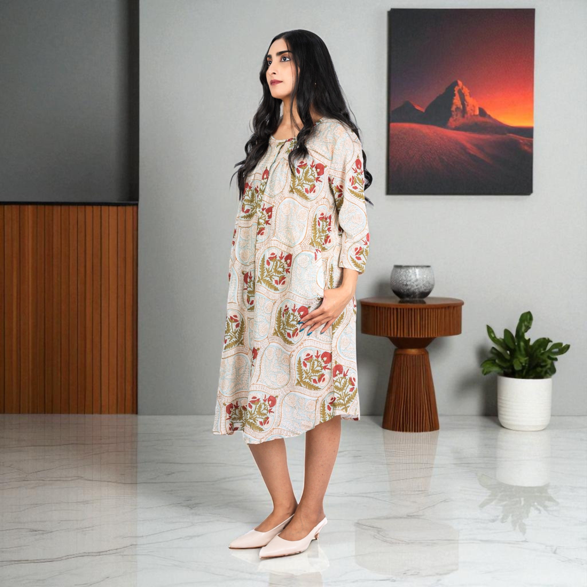 MughalMuse Handblock Cotton Flared Dress