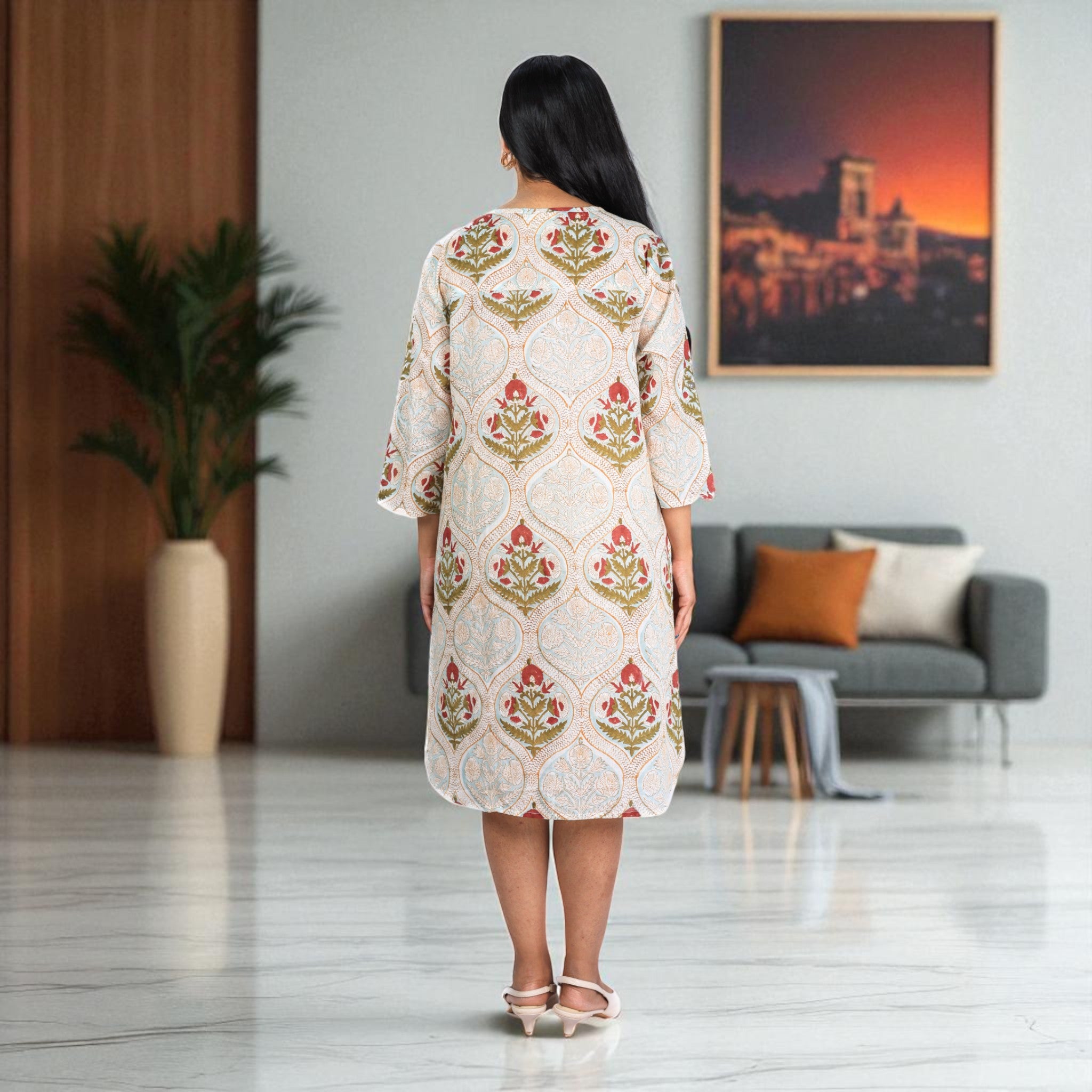 MughalMuse Handblock Cotton Flared Dress