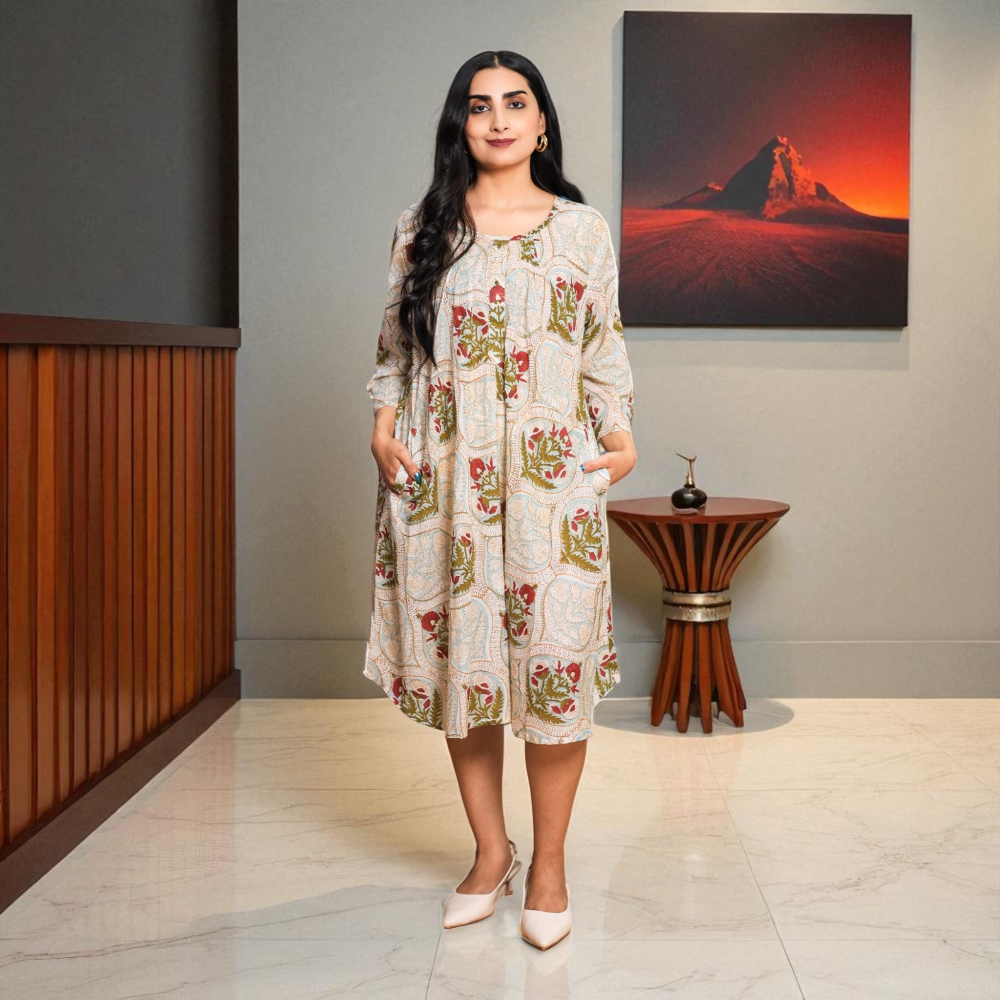 MughalMuse Handblock Cotton Flared Dress