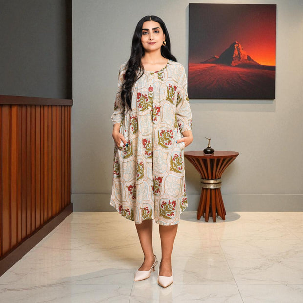 MughalMuse Handblock Cotton Flared Dress