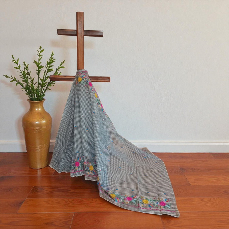 White Black Check Embroidery Kota Cotton Saree