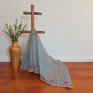 White Black Check Embroidery Kota Cotton Saree