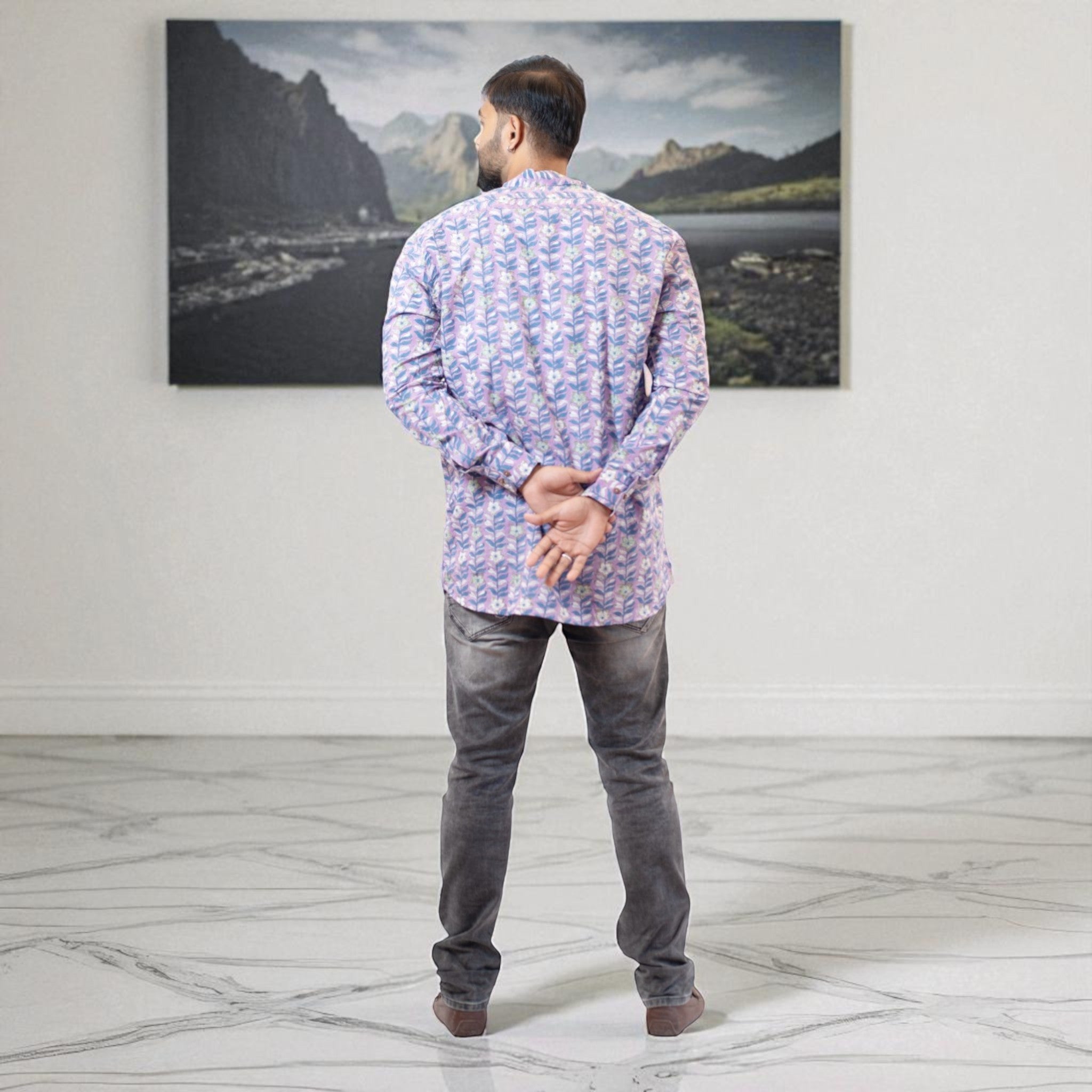 PurpleFloral Handblock Cotton Short Kurta