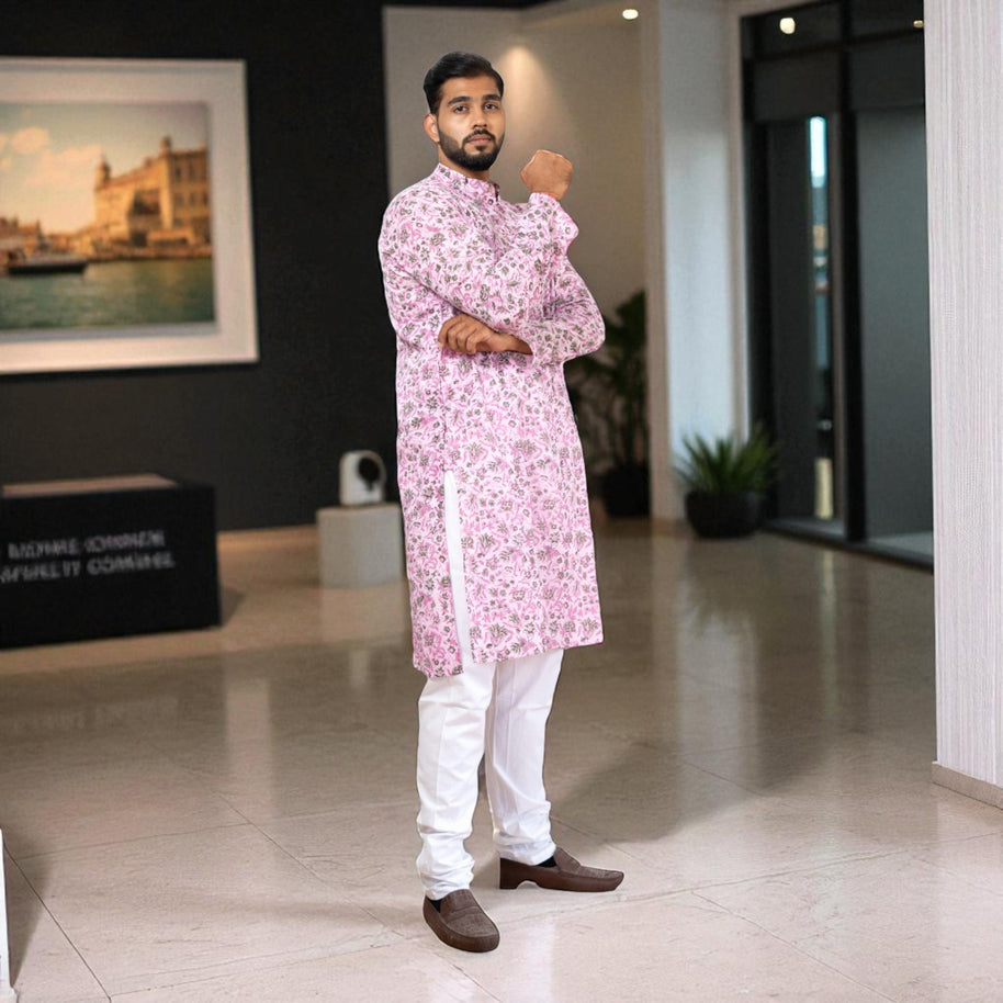 PinkFloral Handblock Cotton Kurta