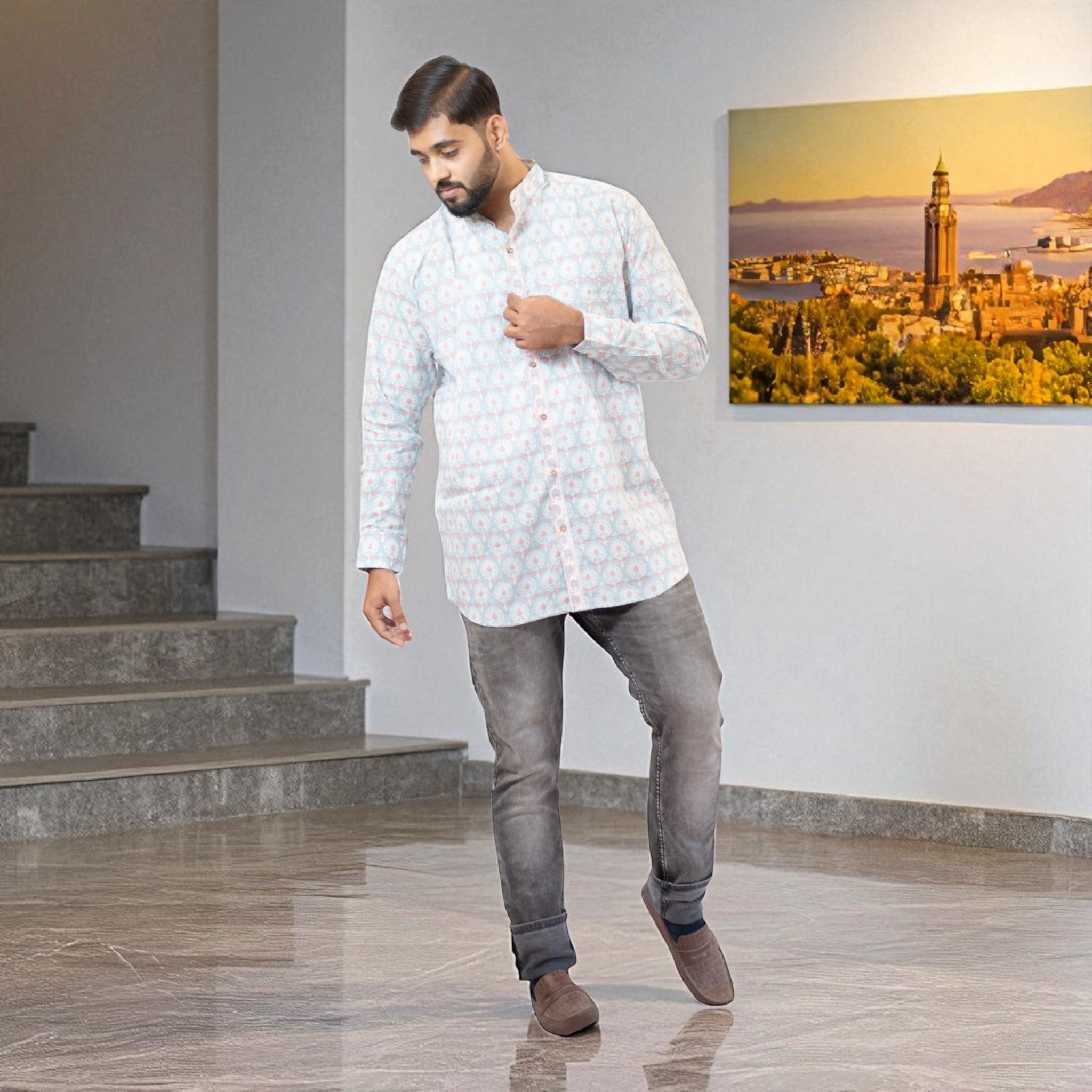 Sky Bloom Handblock Short Kurta