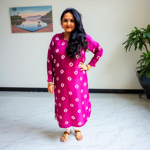 Plum Purple Bandhej Womens Silk Kurta