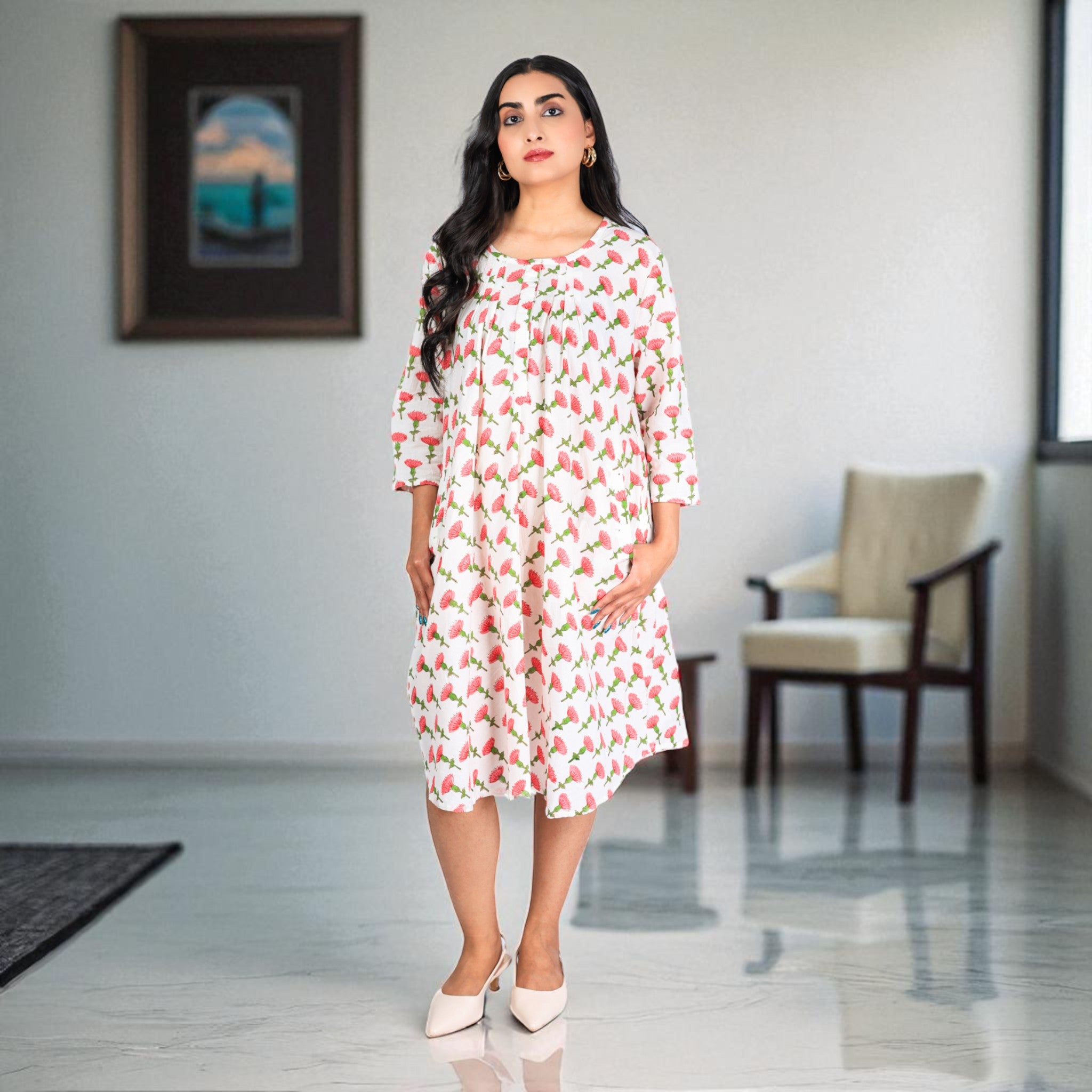 BlossomDrift Handblock Cotton Flared Dress