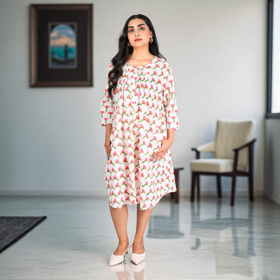 BlossomDrift Handblock Cotton Flared Dress