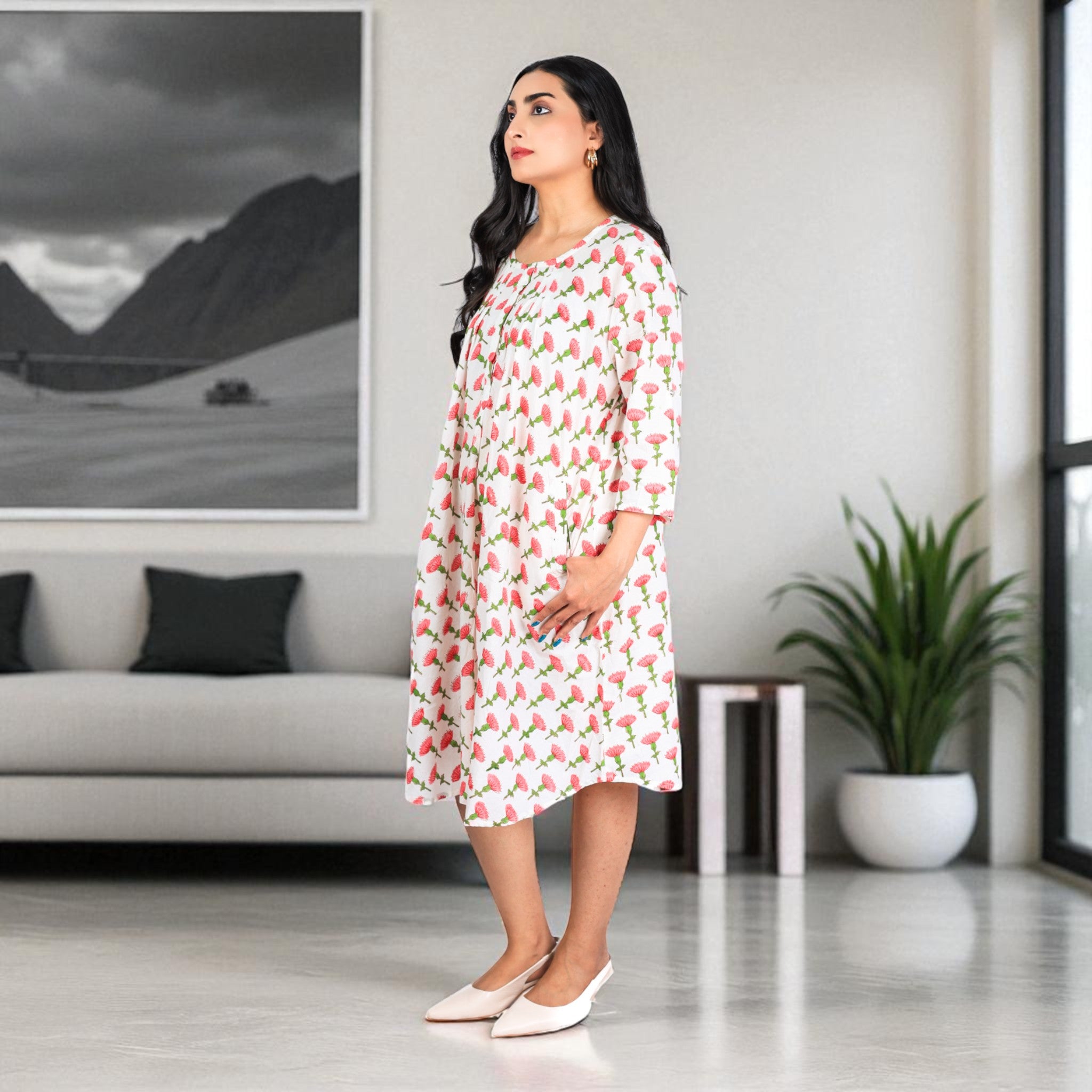 BlossomDrift Handblock Cotton Flared Dress