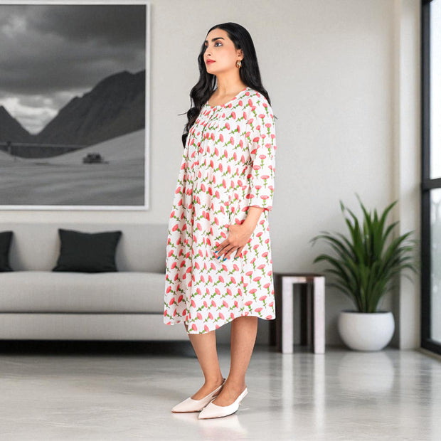 BlossomDrift Handblock Cotton Flared Dress