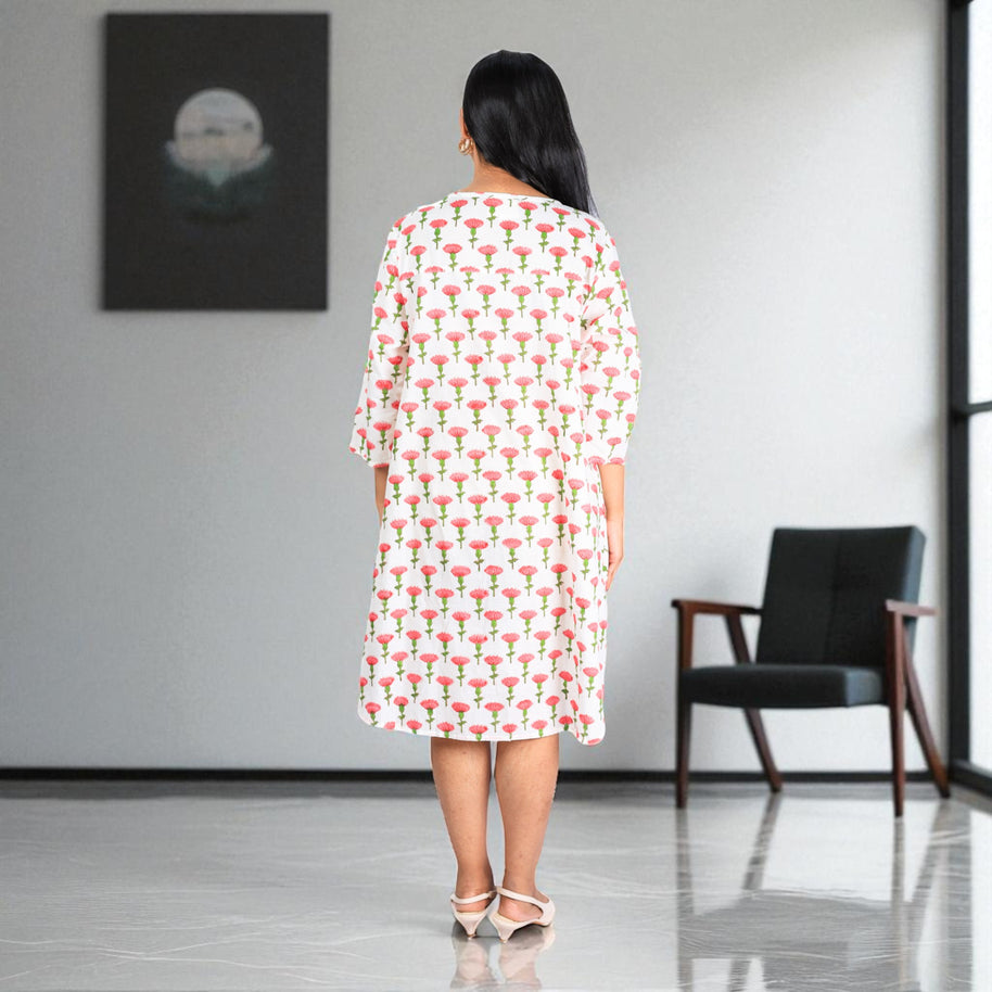 BlossomDrift Handblock Cotton Flared Dress