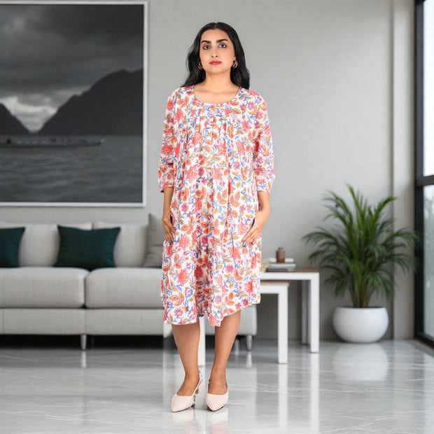 BlockBlossom Cotton Flared Dress