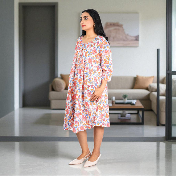 BlockBlossom Cotton Flared Dress