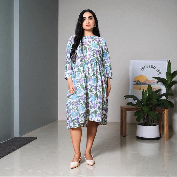 WhitePetal Pop Handblock Cotton Gathered Dress
