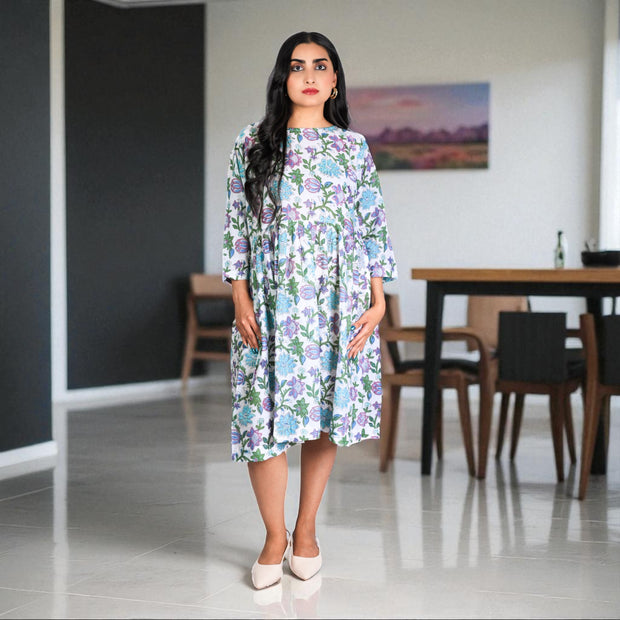 WhitePetal Pop Handblock Cotton Gathered Dress