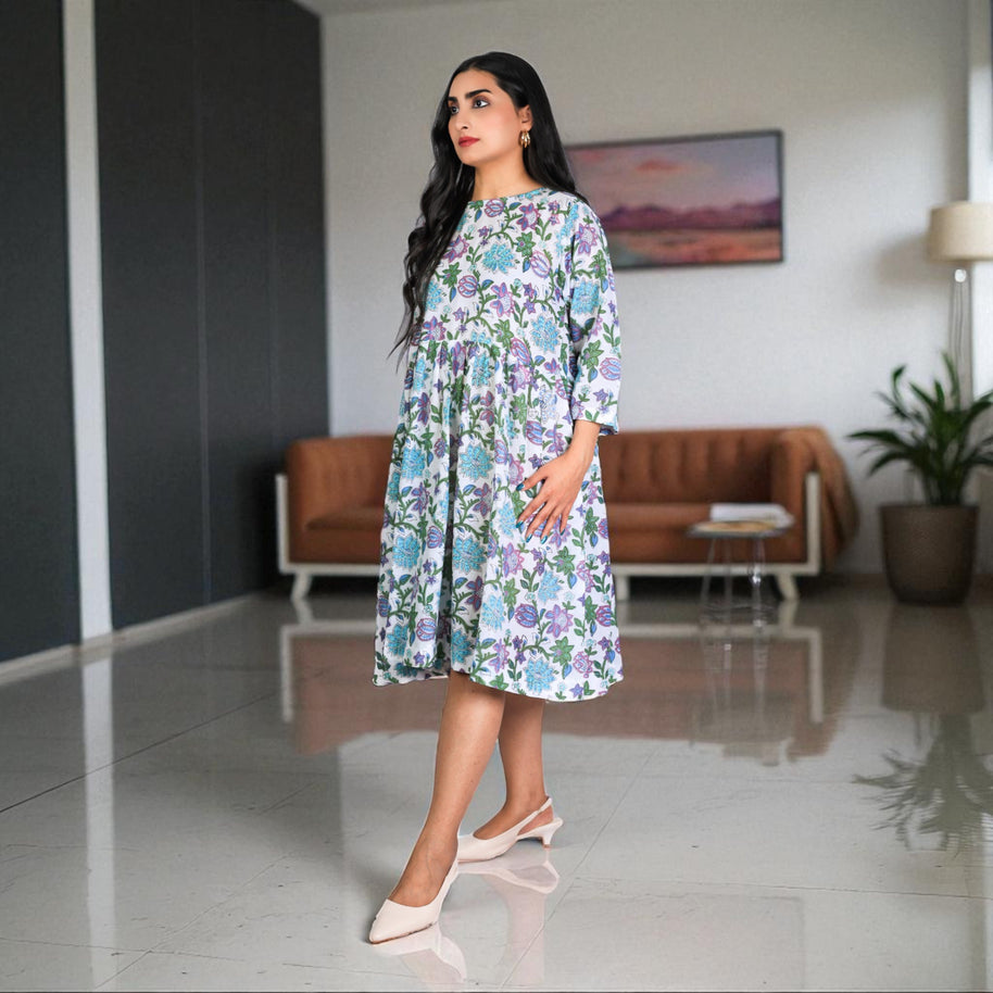 WhitePetal Pop Handblock Cotton Gathered Dress