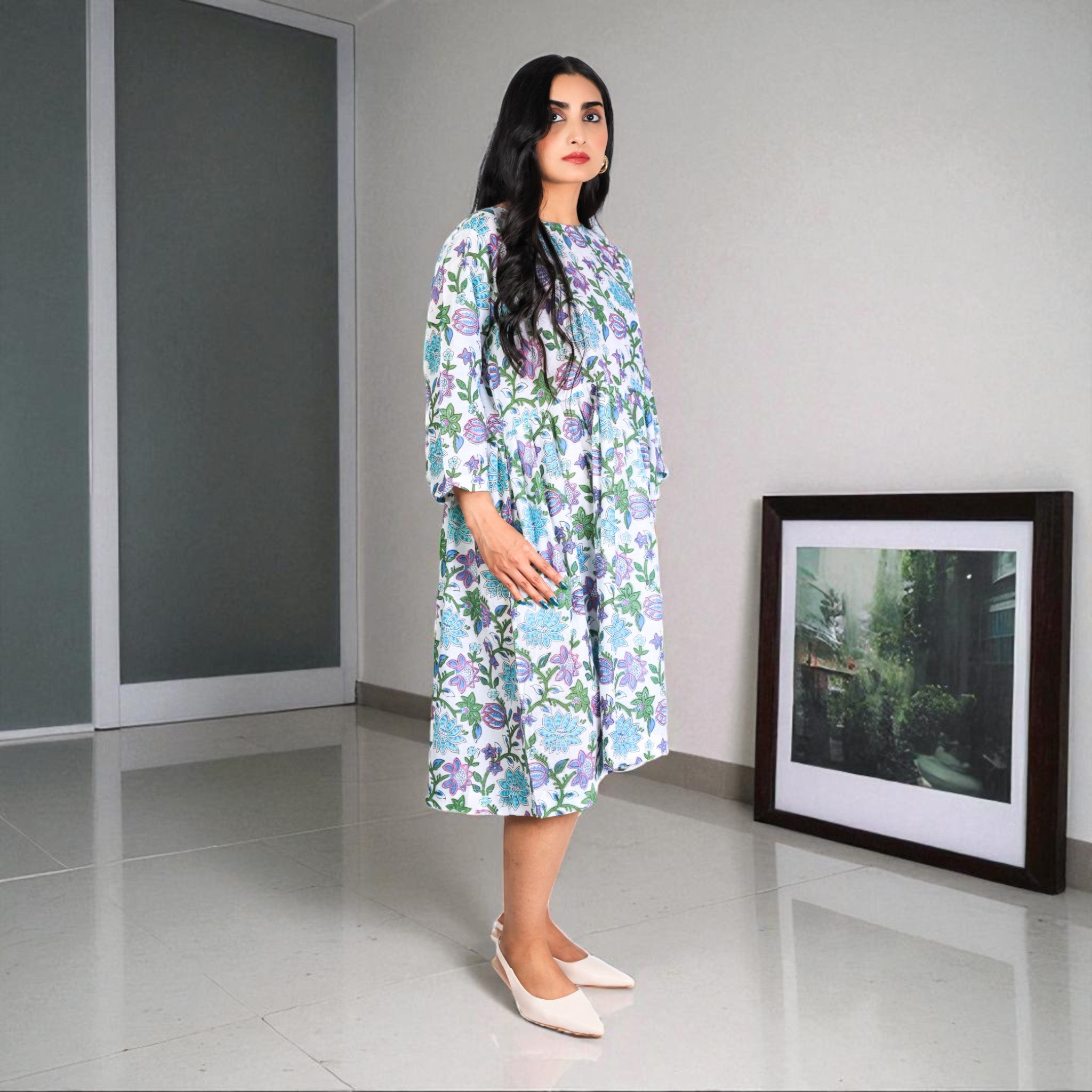 WhitePetal Pop Handblock Cotton Gathered Dress