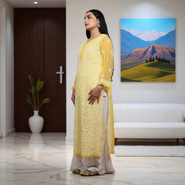Yellow Bloom Chikankari Georgette Kurti