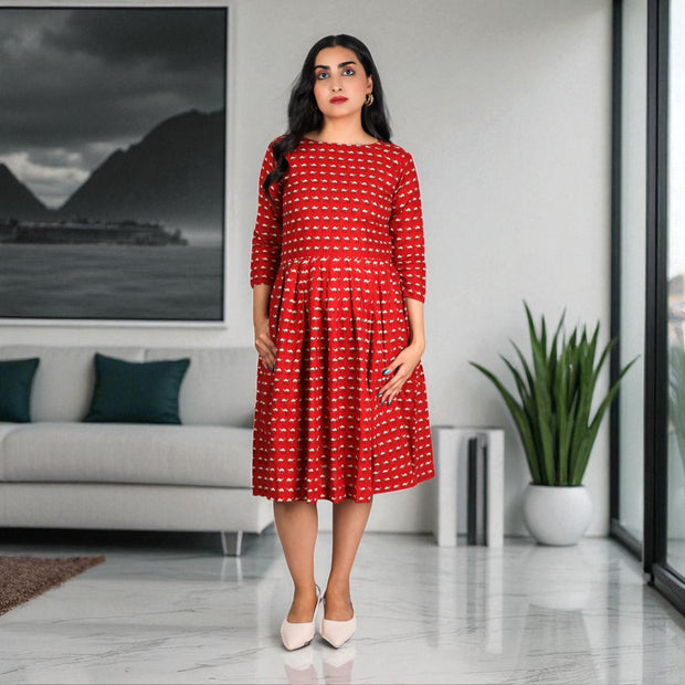Red Camel Handblock Cotton Gathered Dress