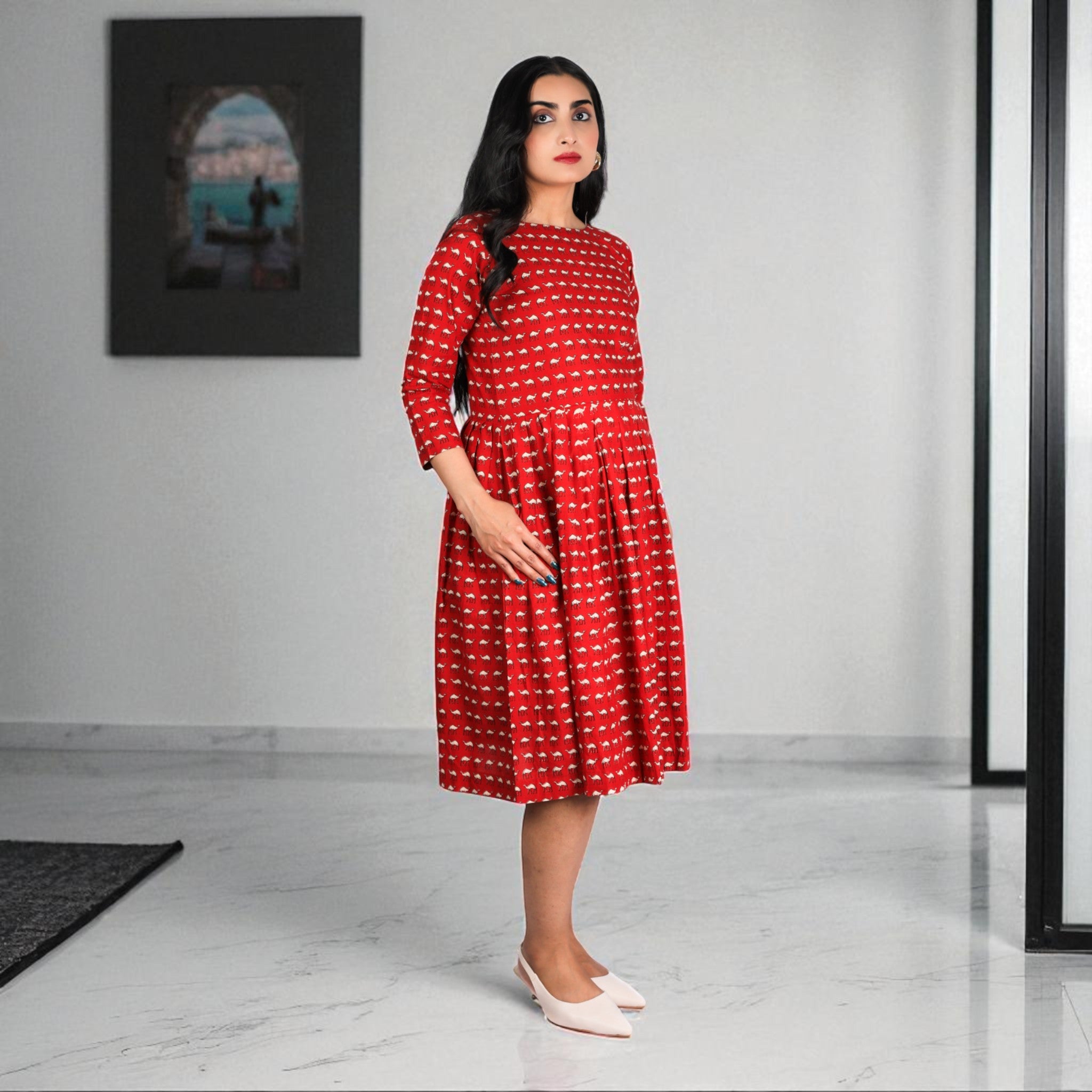 Red Camel Handblock Cotton Gathered Dress
