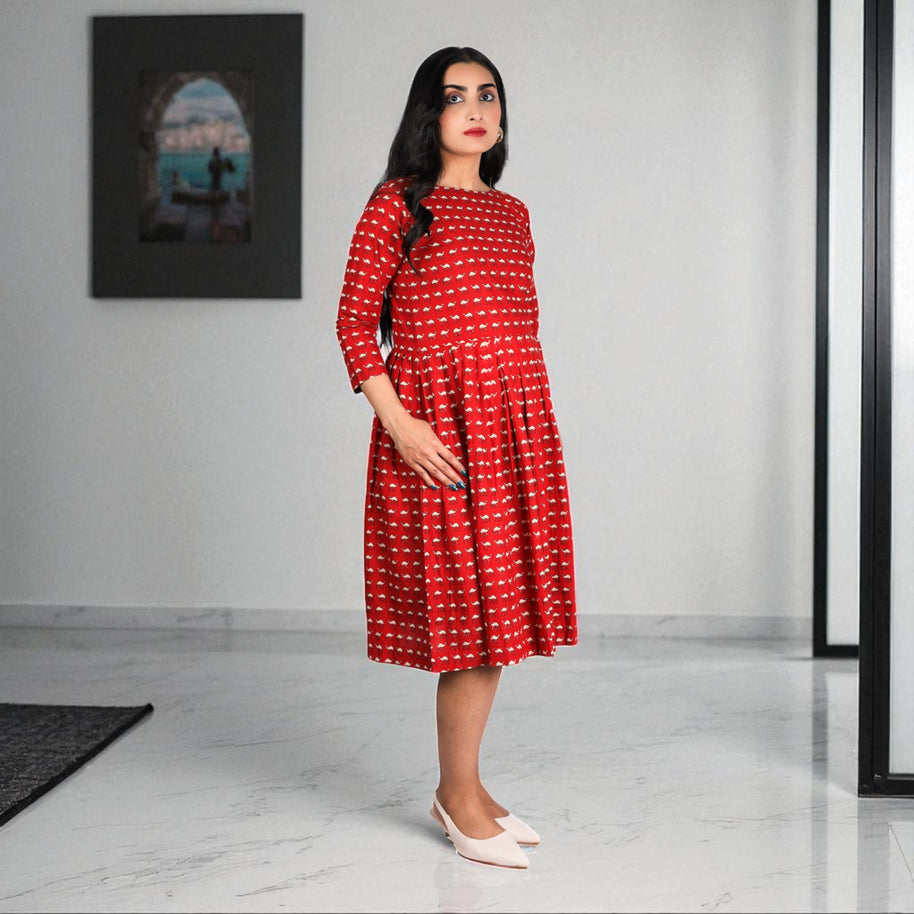 Red Camel Handblock Cotton Gathered Dress