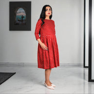 Red Camel Handblock Cotton Gathered Dress