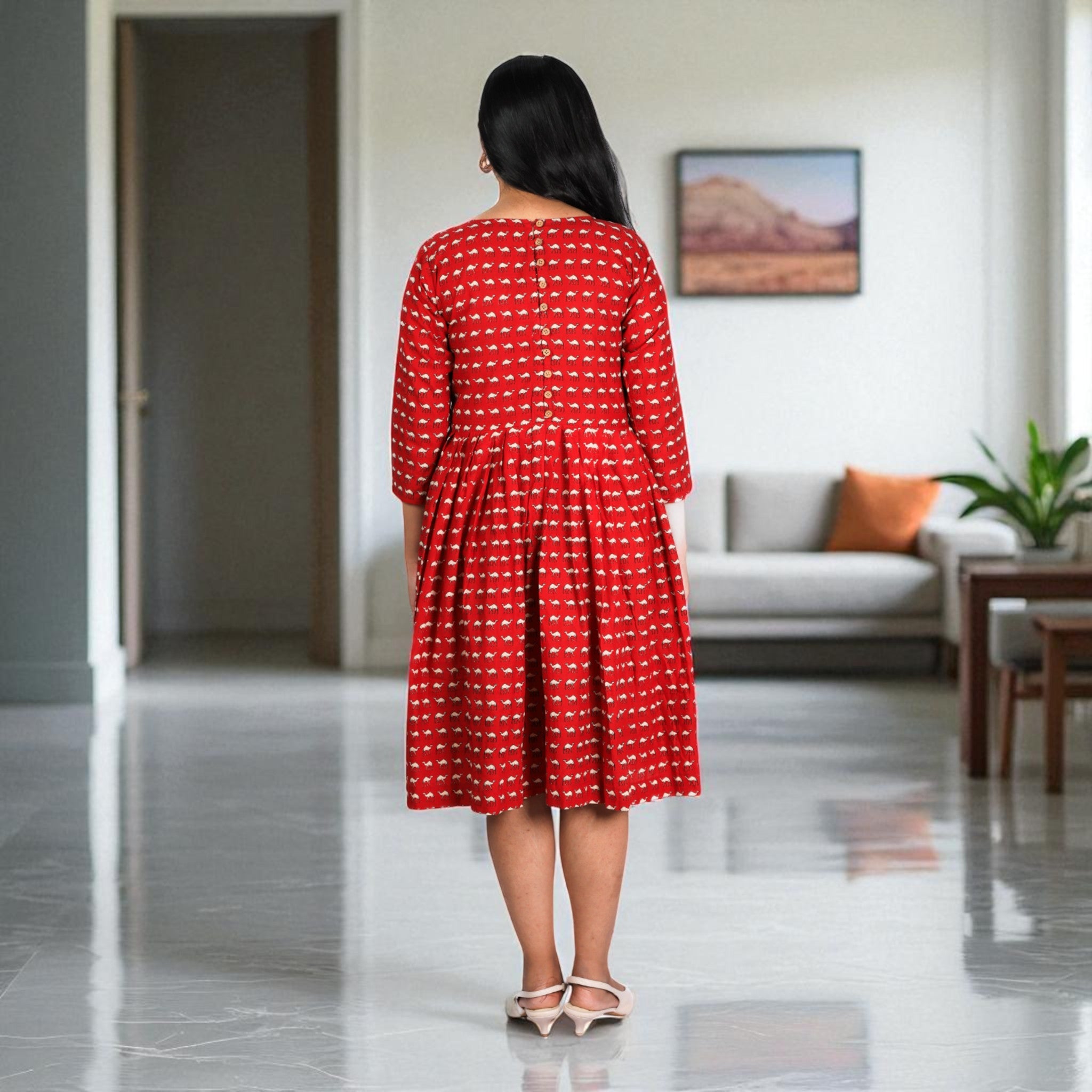 Red Camel Handblock Cotton Gathered Dress