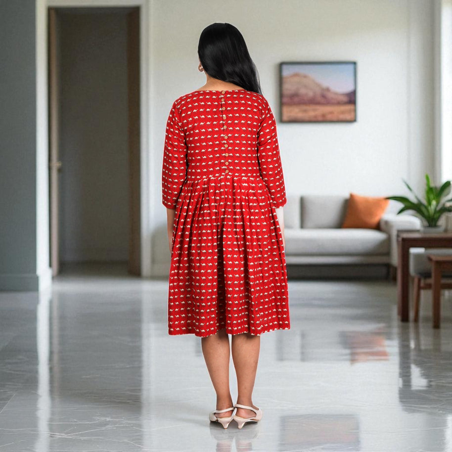 Red Camel Handblock Cotton Gathered Dress