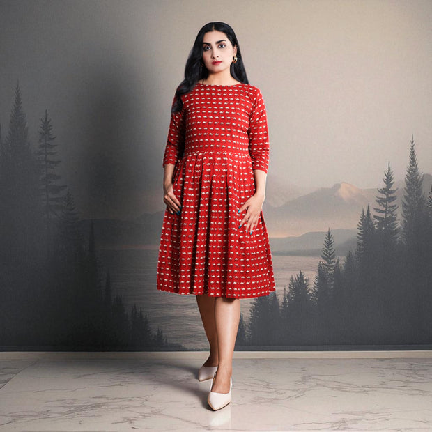 Red Camel Handblock Cotton Gathered Dress