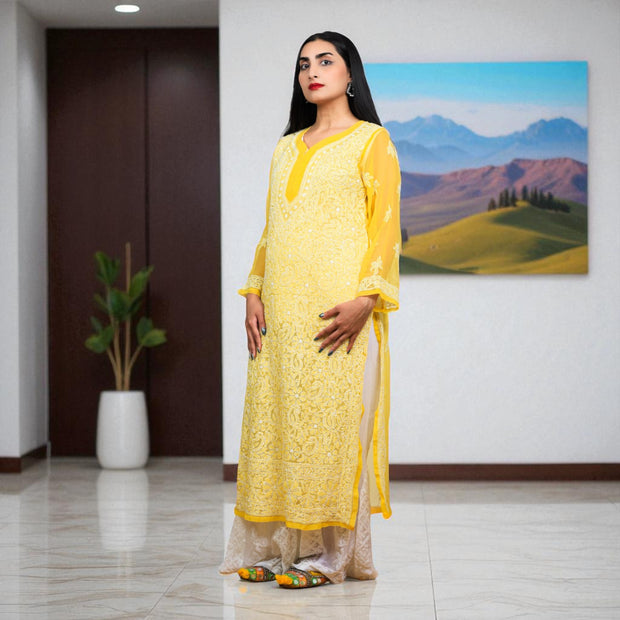 Yellow Bloom Chikankari Georgette Kurti