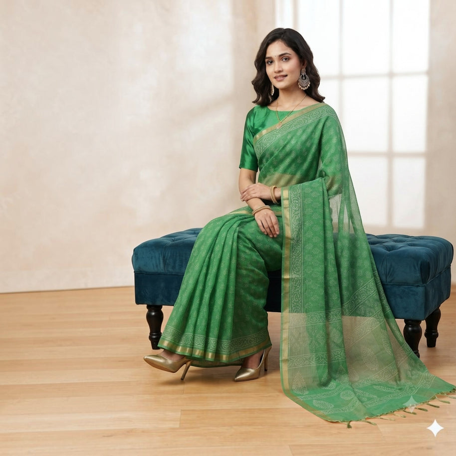 Green Leaf Handblock Kota Cotton Saree