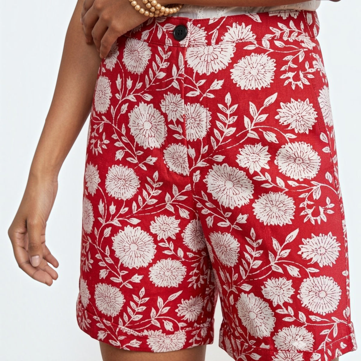 Red Handblock Cotton Shorts