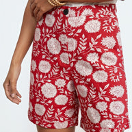 Red Handblock Cotton Shorts