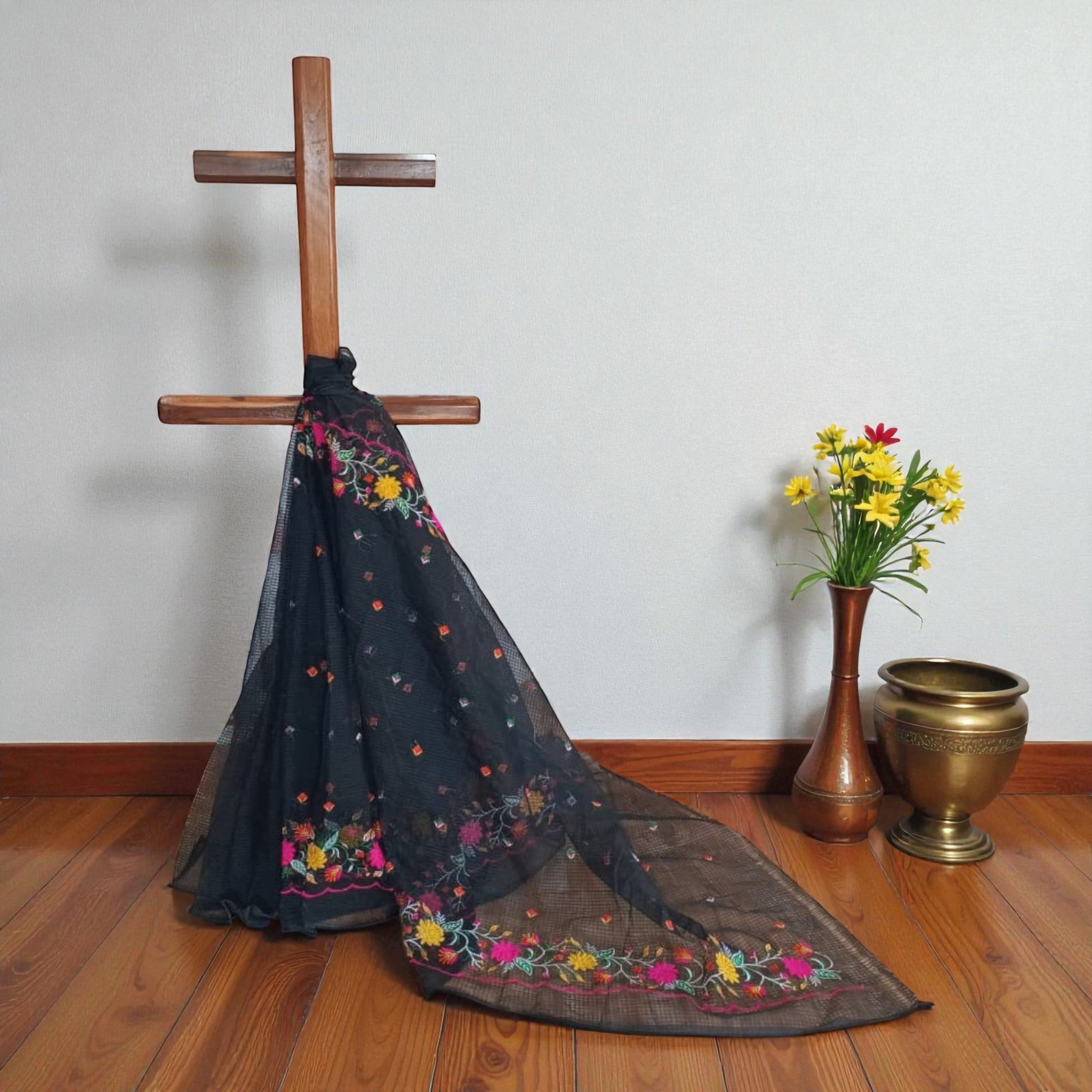 Black Embroidery Kota Cotton Saree