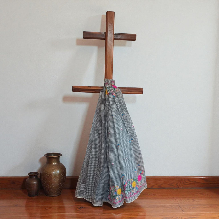 White Black Check Embroidery Kota Cotton Saree