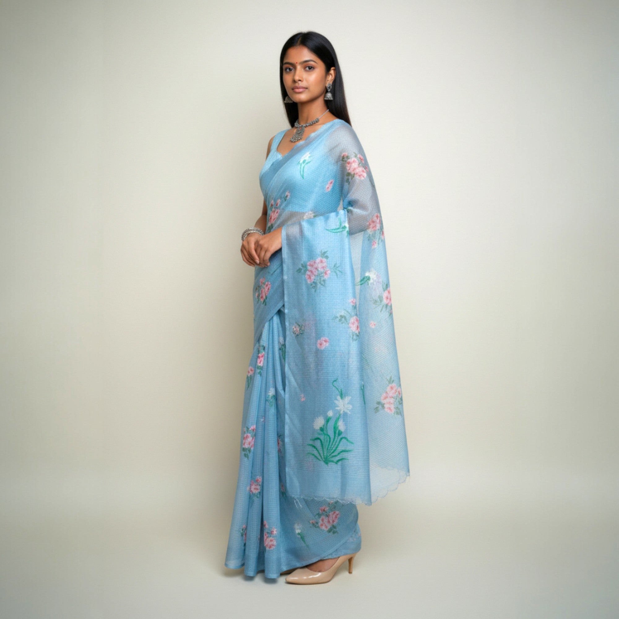 Grey Floral Kota Cotton Saree