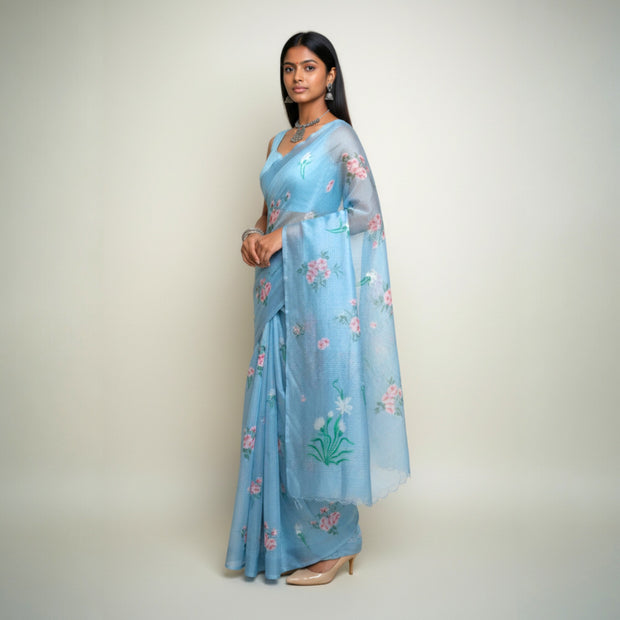 Grey Floral Kota Cotton Saree