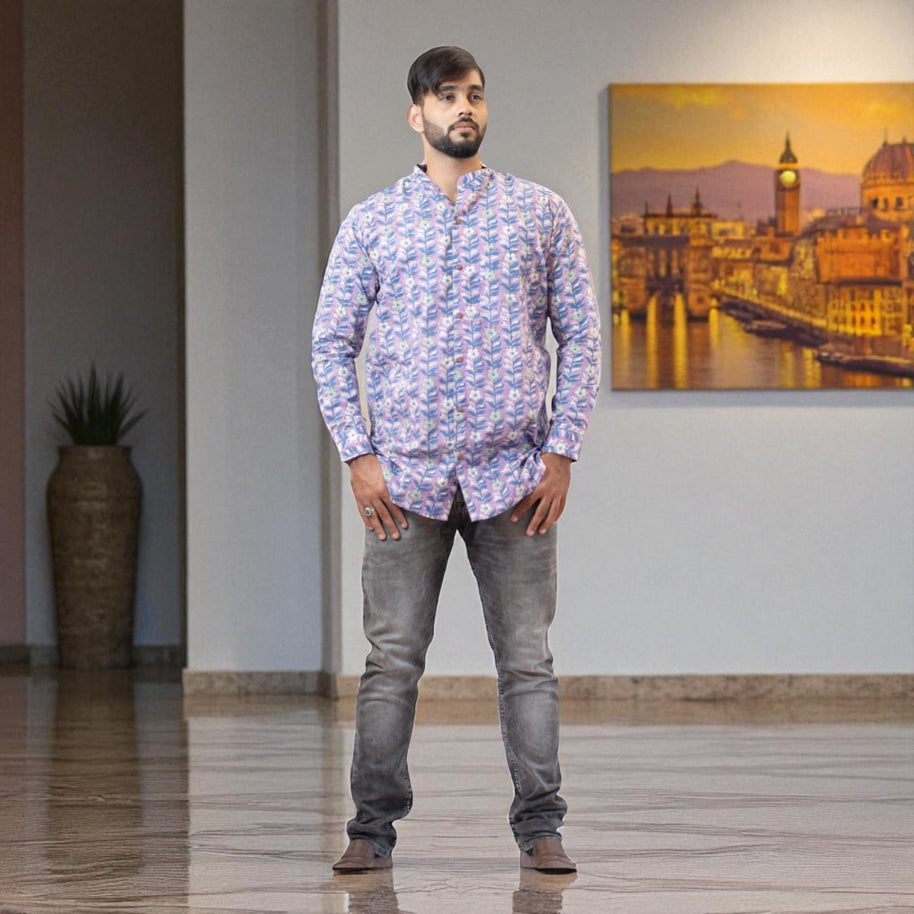 PurpleFloral Handblock Cotton Short Kurta
