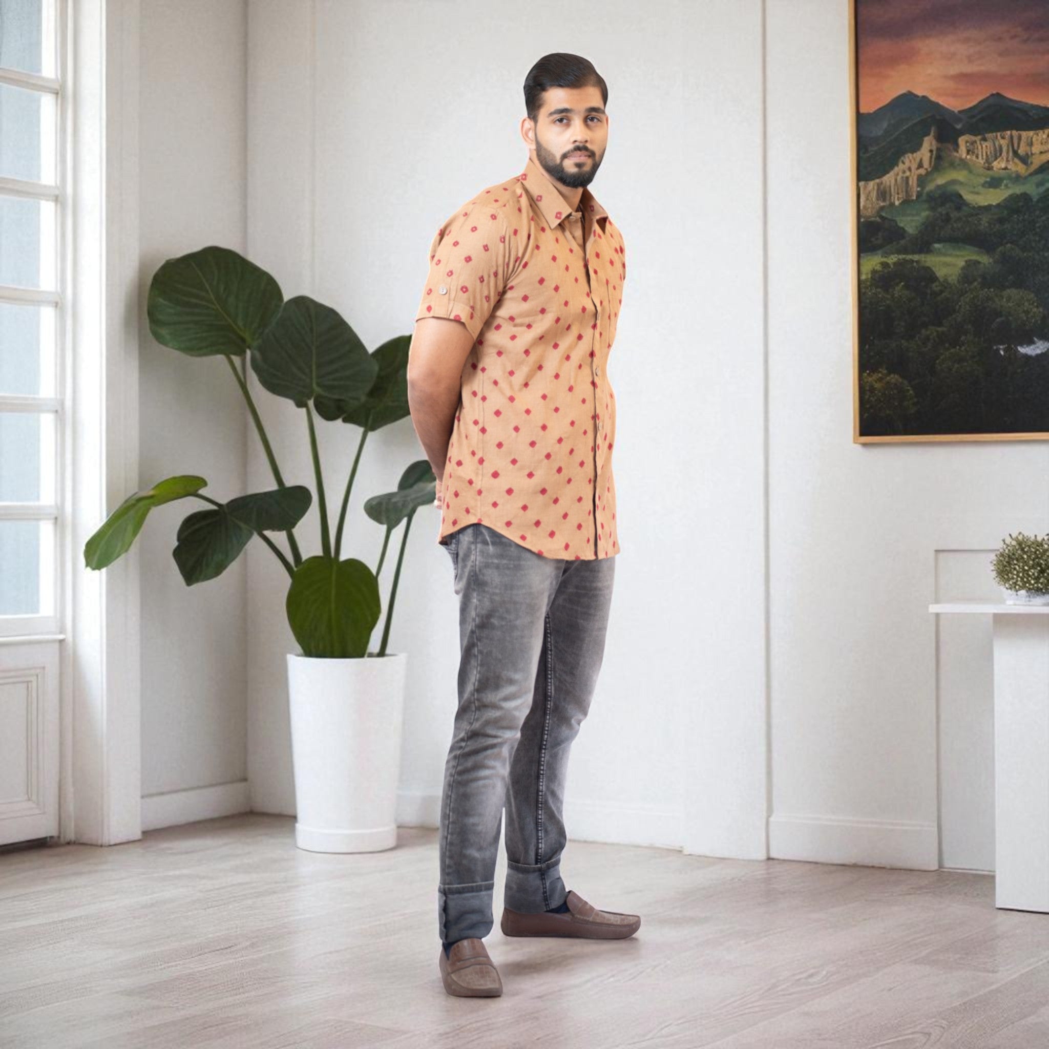 Brown Hand Bandhej-Bandhini Cotton Mens Shirt