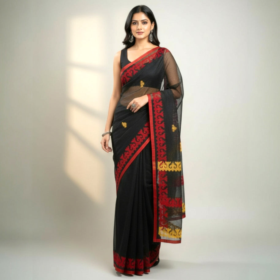 Black Red Stripe Applique Kota Cotton Saree