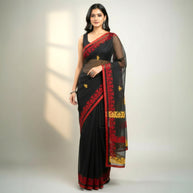 Black Red Stripe Applique Kota Cotton Saree