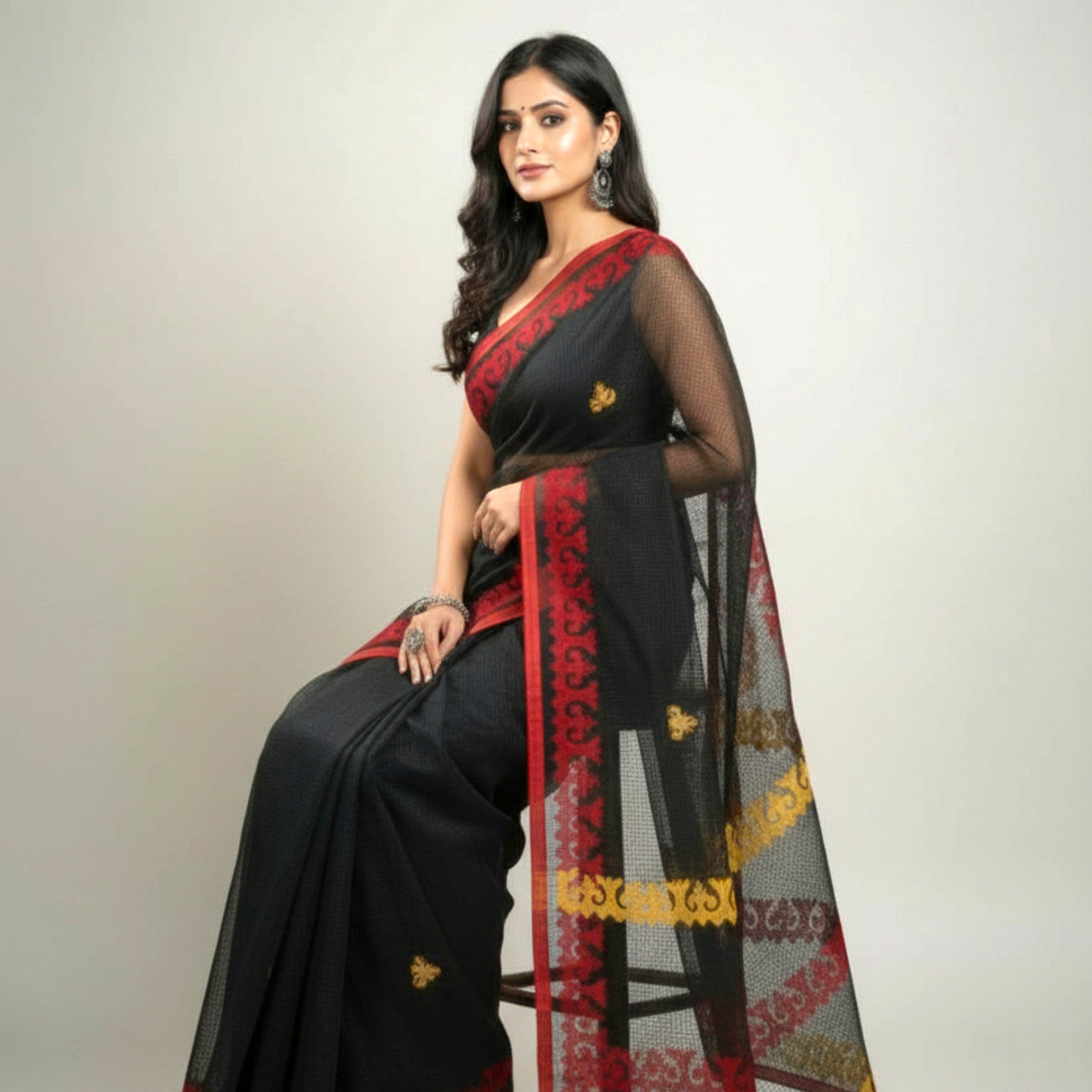 Black Red Stripe Applique Kota Cotton Saree