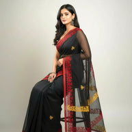 Black Red Stripe Applique Kota Cotton Saree