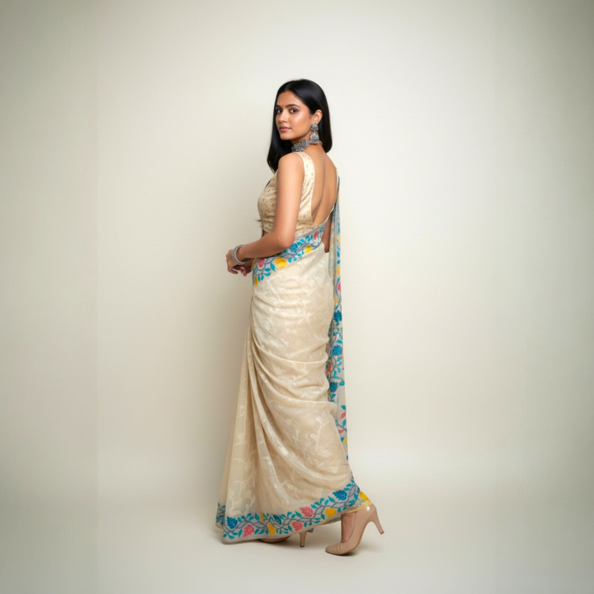 Offwhite Green Floral Silk Saree
